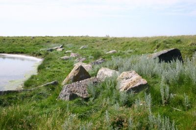 Sten.
Man kunne se mange store flade sten, der havde vÃ¦ret brugt til fundament for husene. 
